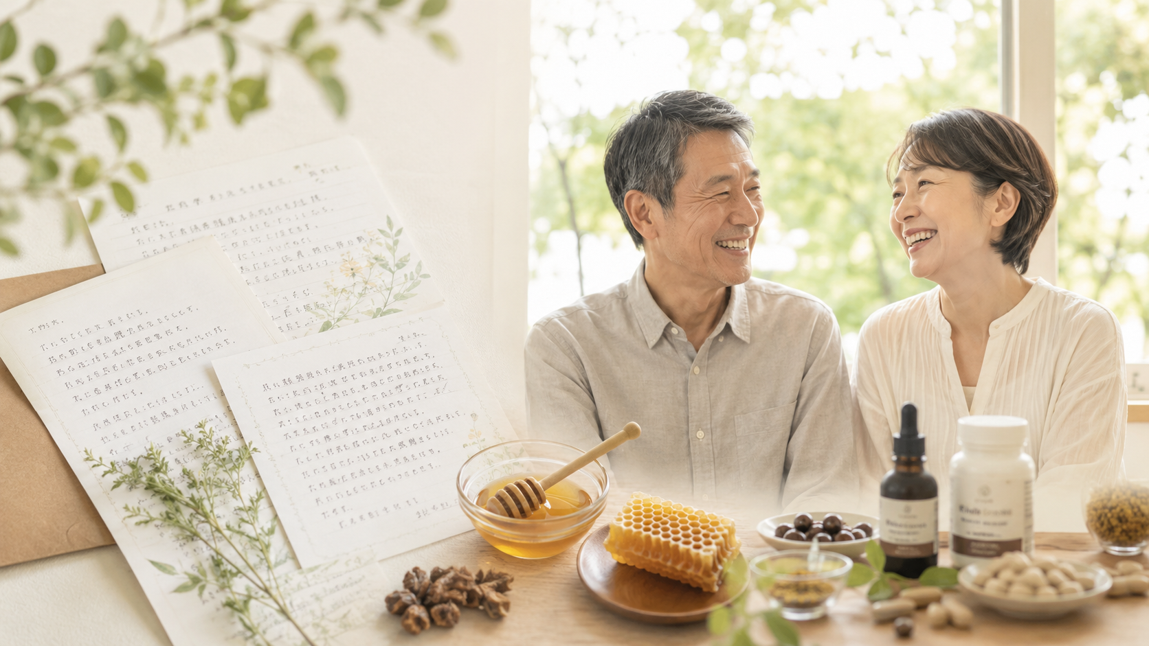 お客様の声をイメージした手紙と笑顔の夫婦、健康食品の写真