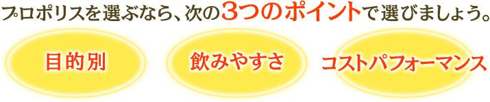 プロポリスを選ぶなら、次の3つのポイントで選びましょう。
目的別・飲みやすさ・コストパフォーマンス