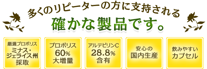 多くのリピーターの方に支持される確かな製品です。
厳選プロポリスミナス・ジェライス州採取 / プロポリス60％大増量 / アルテピリンC 28.8％含有 / 安心の国内生産 / 飲みやすいカプセル