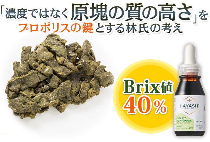 「濃度ではなく原塊の質の高さ」をプロポリスの鍵とする林氏の考え［Brix値40％］