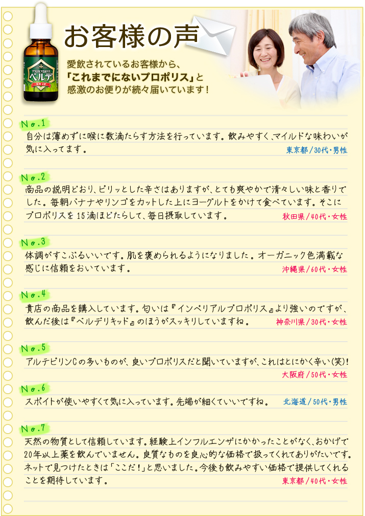 お客様の声
愛飲されているお客様から、「これまでにないプロポリス」と感激のお便りが続々届いています！
No.1　自分は薄めずに喉に数滴たらす方法を行っています。飲みやすく、マイルドな味わいが気に入ってます。（東京都/30代・男性）
No.2　商品の説明どおり、ピリッとした辛さはありますが、とても爽やかで清々しい味と香りでした。毎朝バナナやリンゴをカットした上にヨ―グルトをかけて食べています。そこにプロポリスを15滴ほどたらして、毎日摂取しています。（秋田県/40代・女性）
No.3　体調がすこぶるいいです。肌を褒められるようになりました。オ―ガニック色満載な感じに信頼をおいています。（沖縄県/60代・女性）
No.4　貴店の商品を購入しています。匂いは『インペリアルプロポリス』より強いのですが、飲んだ後は『ベルデリキッド』のほうがスッキリしていますね。（神奈川県/30代・女性）
No.5　アルテピリンCの多いものが、良いプロポリスだと聞いていますが、これはとにかく辛い（笑）！（大阪府/50代・女性）
No.6　スポイトが使いやすくて気に入っています。先端が細くていいですね。（北海道/50代・男性）
No.7　天然の物質として信頼しています。経験上インフルエンザにかかったことがなく、おかげで20年以上薬を飲んでいません。良質なものを良心的な価格で扱ってくれてありがたいです。ネットで見つけたときは「ここだ！」と思いました。今後も飲みやすい価格で提供してくれることを期待しています。（東京都/40代・女性）